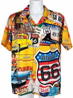 Hawaiian Apparel Route 66 Mens Shirt Medium Retro Print Yellow Short Sleeve Butt